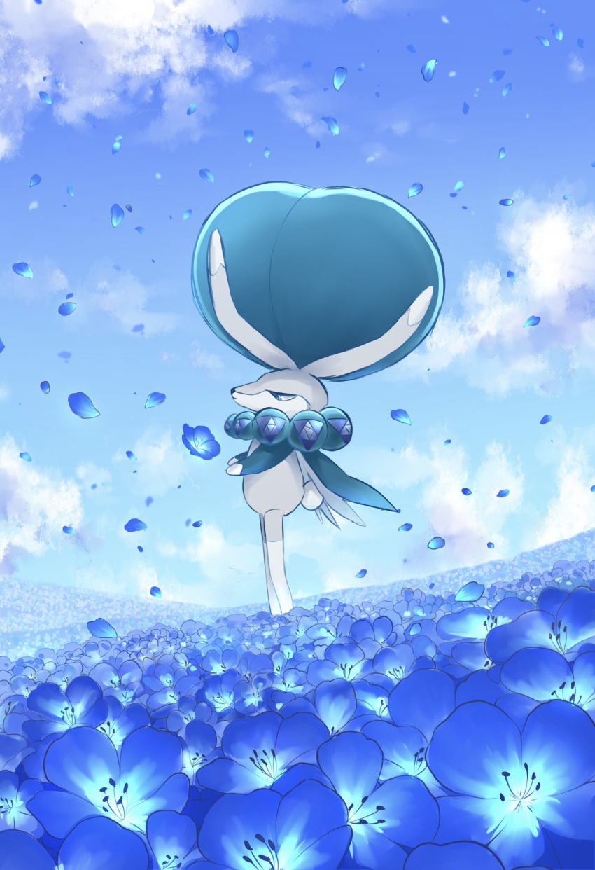 blue_flower calyrex closed_mouth clouds commentary_request day field flower flower_field highres outdoors petals pokemon pokemon_(creature) ringo_cha sky solo standing