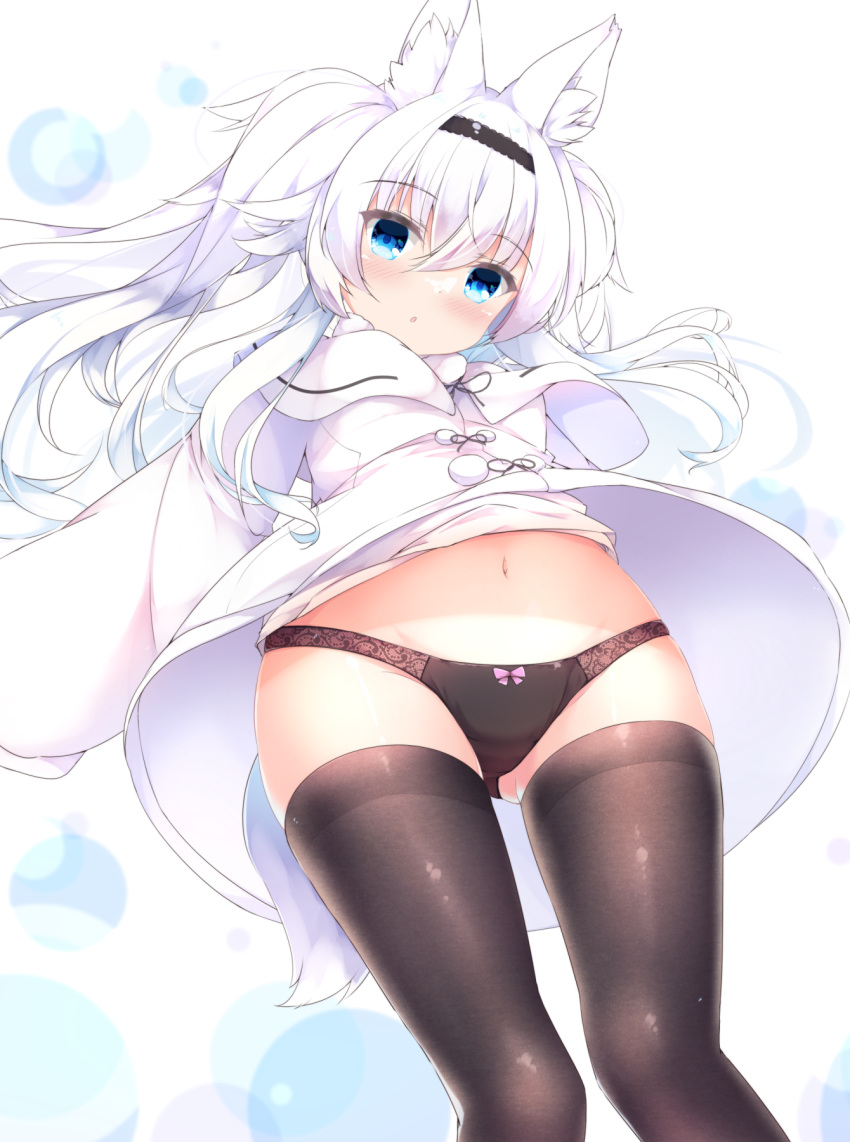 1girl :o animal_ear_fluff animal_ears ass_visible_through_thighs bangs black_hairband black_legwear black_panties blue_eyes blush bow bow_panties capelet commentary_request dress eyebrows_visible_through_hair feet_out_of_frame from_below fuuna groin hair_between_eyes hairband highres long_hair long_sleeves looking_at_viewer looking_down navel original panties parted_lips puffy_long_sleeves puffy_sleeves sleeves_past_fingers sleeves_past_wrists solo tail thigh-highs underwear very_long_hair white_capelet white_dress white_hair
