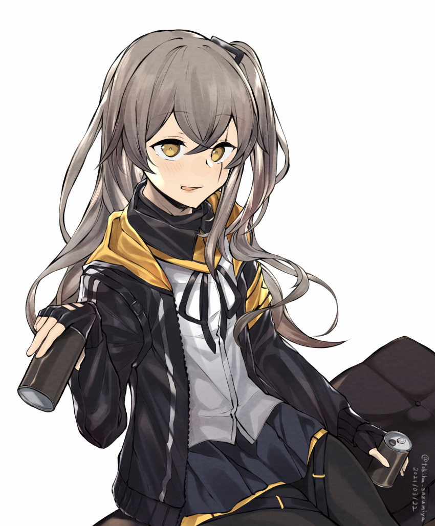 1girl absurdres brown_hair can commentary_request cowboy_shot dated eyebrows_visible_through_hair fingerless_gloves girls_frontline giving gloves hair_between_eyes highres holding holding_can hood hood_down hooded_jacket incoming_drink jacket long_hair looking_at_viewer neck_ribbon one_side_up pantyhose ribbon scar scar_on_face shirt simple_background sitting skirt solo tokiha_suzumiya twitter_username ump45_(girls'_frontline) white_background white_shirt yellow_eyes