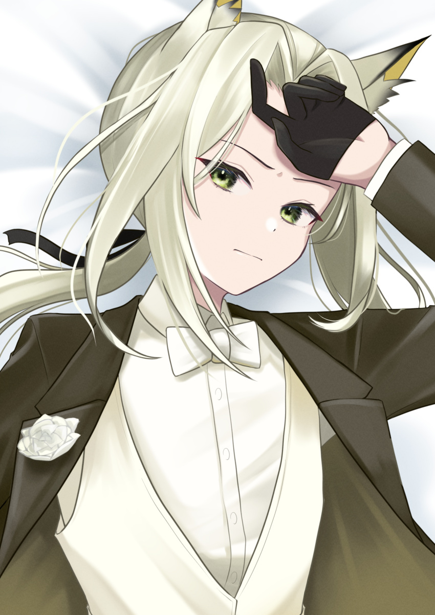 1girl absurdres animal_ear_fluff animal_ears arknights arm_up bed_sheet black_gloves black_jacket bow bowtie cat_ears closed_mouth flower gloves green_eyes grey_hair hand_on_forehead highres jacket kal'tsit_(arknights) long_hair long_sleeves looking_at_viewer low_ponytail lying official_alternate_costume on_back on_bed open_clothes open_jacket rose shirt solo traditional_bowtie upper_body v-shaped_eyebrows white_bow white_bowtie white_flower white_rose white_shirt yokuto
