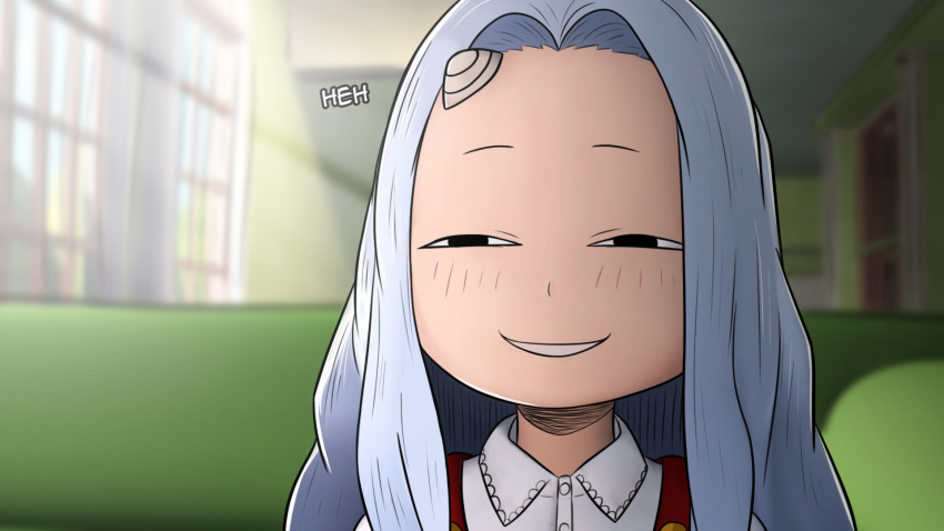 1girl black_eyes boku_no_hero_academia commentary couch creepy_eyes curtains derivative_work door english_commentary english_text eri_(boku_no_hero_academia) forehead greatm8 grin half-closed_eyes highres horns indoors long_hair looking_at_viewer meme parody parted_lips shirt silver_hair single_horn sitting smile smirk solid_circle_eyes solo spy_x_family suspenders white_shirt window wing_collar