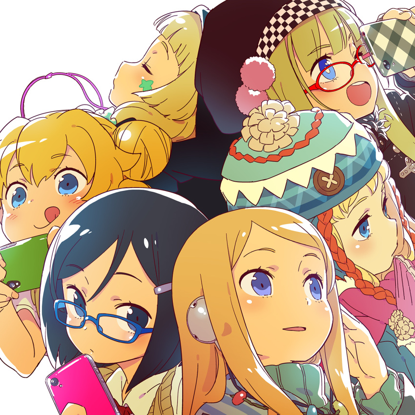 6+girls :q bespectacled black_hair blonde_hair blue-framed_eyewear blue_eyes blush cellphone closed_eyes coat commentary_request contemporary double_bun fencer_(sekaiju) fencer_2_(sekaiju) fortress_(sekaiju) fortress_2_(sekaiju) glasses gloves gunner_(sekaiju) gunner_2_(sekaiju) hat headphones highres himukai_yuuji holding holding_phone long_hair looking_at_viewer multiple_girls official_art one_eye_closed open_mouth paladin_(sekaiju) paladin_2_(sekaiju) parted_lips phone pom_pom_(clothes) princess_(sekaiju) princess_2_(sekaiju) profile red-framed_eyewear sekaiju_no_meikyuu short_hair simple_background smartphone smile swordsman_(sekaiju_4) swordsman_2_(sekaiju_4) tongue tongue_out upper_body white_background winter_clothes