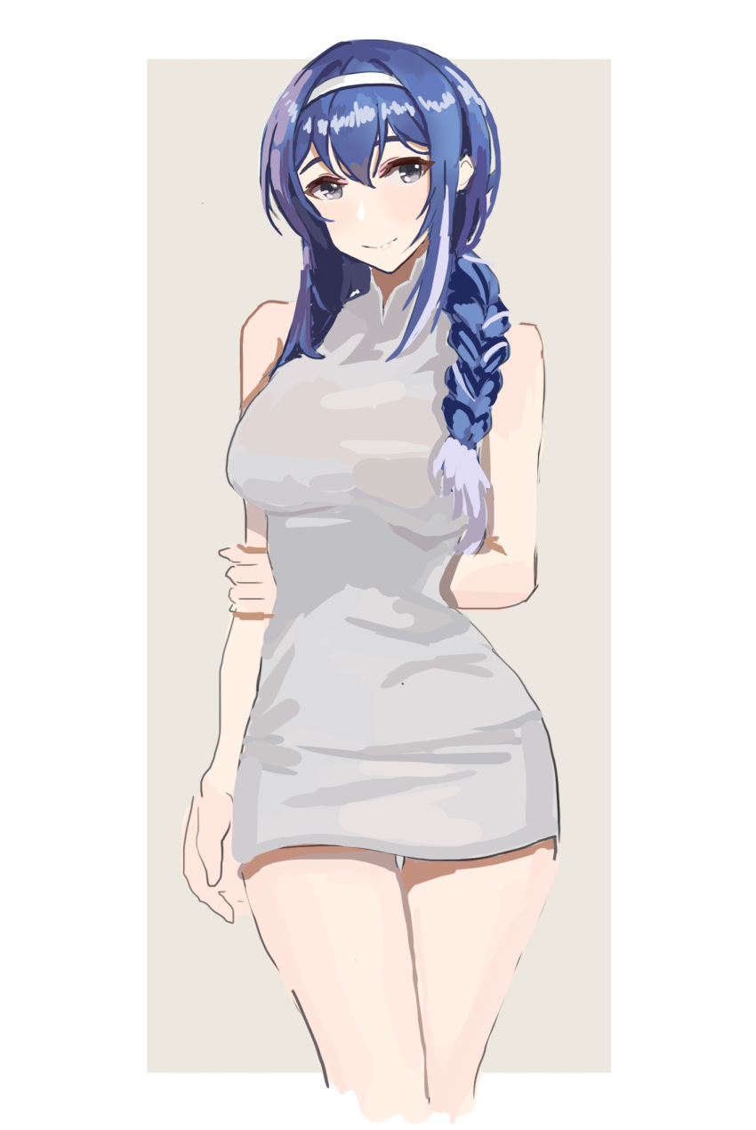 1girl arm_behind_back blue_eyes blue_hair braid braided_ponytail breasts closed_mouth dp-12_(girls'_frontline) dress eyebrows_visible_through_hair feet_out_of_frame girls_frontline hairband highres jonbur_man long_hair looking_at_viewer medium_breasts simple_background smile solo standing white_dress white_hairband