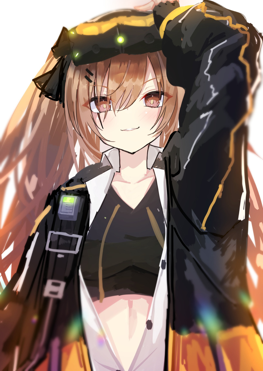 1girl absurdres adjusting_goggles arm_up brown_eyes brown_hair commentary_request fingerless_gloves girls_frontline gloves goggles goggles_on_head hair_between_eyes hair_ornament hairclip heads-up_display highres jacket kamiya_mitobe looking_at_viewer midriff_peek mod3_(girls'_frontline) open_clothes open_jacket open_shirt scar scar_across_eye shirt smile solo sports_bra ump9_(girls'_frontline) upper_body v-neck white_background white_shirt