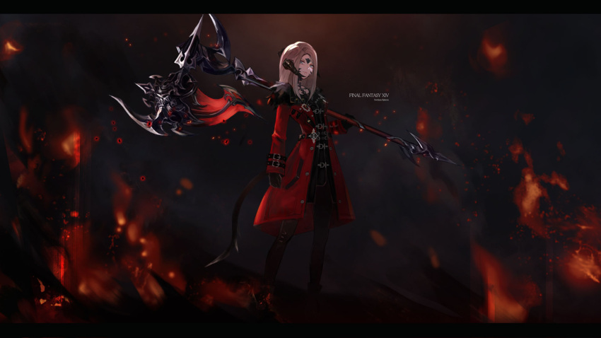 1girl arm_at_side au_ra avatar_(ffxiv) axe black_horns blonde_hair blue_eyes closed_mouth coat commission copyright_name dark dragon_girl dragon_horns dragon_tail expressionless fictional_persona final_fantasy final_fantasy_xiv fire full_body gloves hand_up highres horns huge_weapon lama_064 letterboxed long_hair long_sleeves looking_at_viewer over_shoulder pants scales skeb_commission solo standing tail weapon weapon_over_shoulder