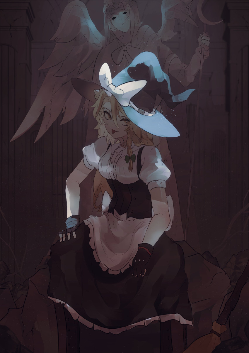 1girl absurdres angel_wings black_gloves black_skirt blonde_hair braid breasts broken_statue english_commentary feathered_wings fingerless_gloves frilled_skirt frills gloves green_ribbon hair_ribbon hand_on_thigh hat highres kirisame_marisa long_hair looking_at_viewer medium_breasts mima_(touhou) naufaldreamer puffy_short_sleeves puffy_sleeves ribbon shirt short_sleeves single_braid sitting skirt solo staff statue tongue tongue_out touhou tress_ribbon white_shirt wings witch_hat yellow_eyes