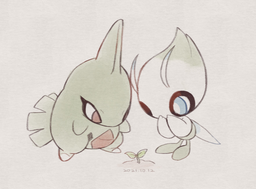 blue_eyes bright_pupils brown_eyes celebi commentary_request dated larvitar leaf leels looking_down no_humans pokemon pokemon_(creature) sapling soil white_pupils