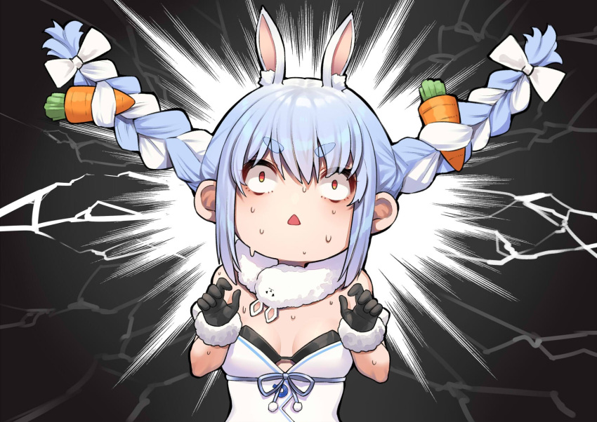 1girl animal_ears black_background black_bra black_gloves blue_hair bra braid breasts carrot_hair_ornament constricted_pupils don-chan_(usada_pekora) food-themed_hair_ornament fur-trimmed_gloves fur_trim gloves hair_ornament hands_up highres hololive looking_at_viewer mikan_(chipstar182) multicolored_hair newtype_flash rabbit_ears red_eyes small_breasts solo sweat sweating_profusely triangle_mouth twin_braids twintails two-tone_hair underwear upper_body usada_pekora white_hair wide-eyed