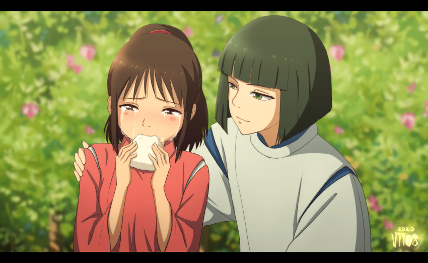 1boy 1girl artist_name bangs blunt_bangs blurry blurry_background blush brown_hair crying crying_with_eyes_open dated derivative_work eating food green_eyes haku_(sen_to_chihiro_no_kamikakushi) hands_up highres japanese_clothes letterboxed medium_hair ogino_chihiro onigiri outdoors screencap_redraw sen_to_chihiro_no_kamikakushi short_hair tears verrell