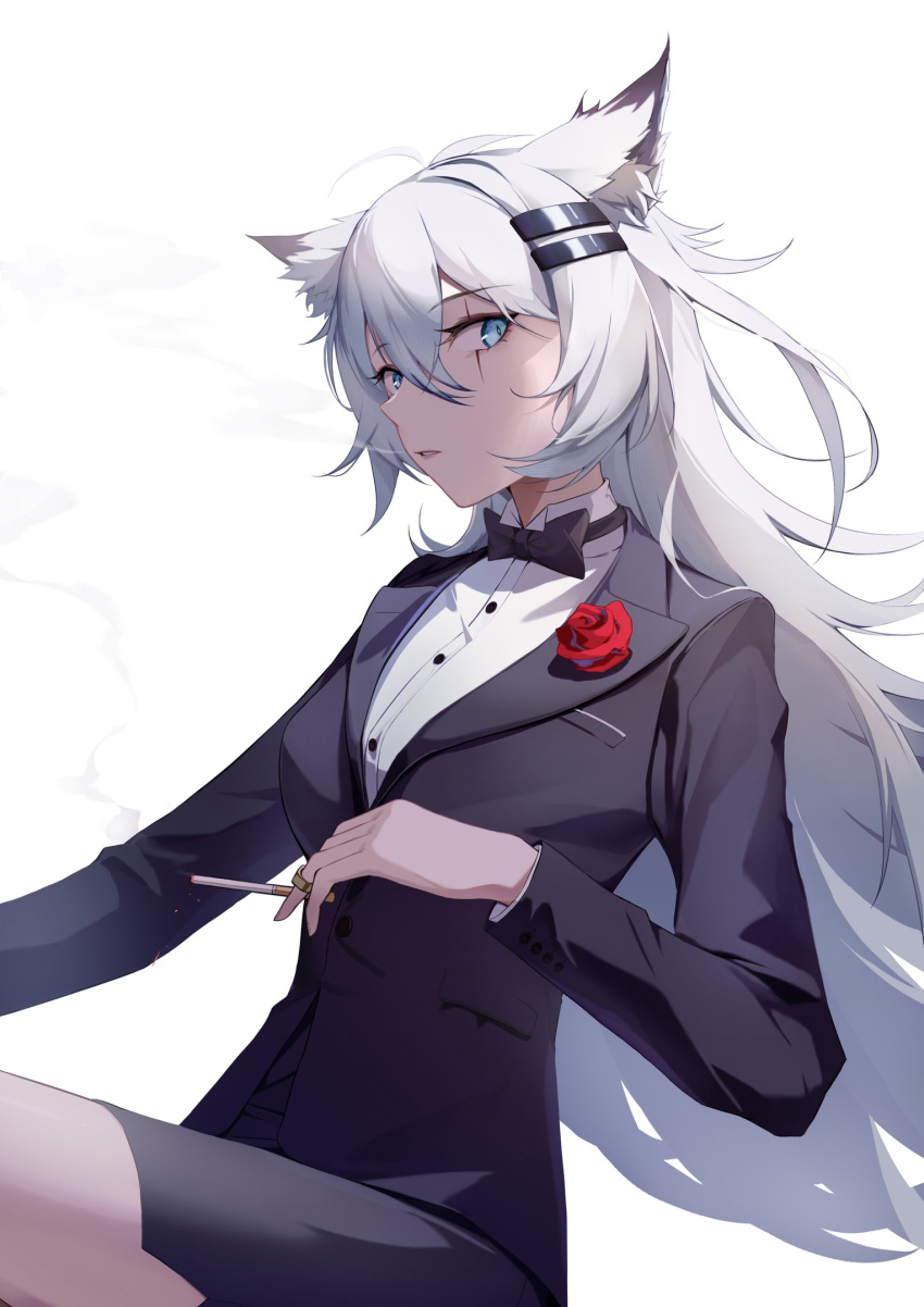 1girl animal_ears arknights artist_request bangs black_jacket black_neckwear blue_eyes bow bowtie cigarette flower hair_between_eyes highres holding holding_cigarette jacket jewelry lappland_(arknights) leggings long_hair long_sleeves looking_at_viewer red_flower red_rose ring rose scar scar_on_face simple_background smoking solo source_request tuxedo white_background wolf_ears wolf_girl