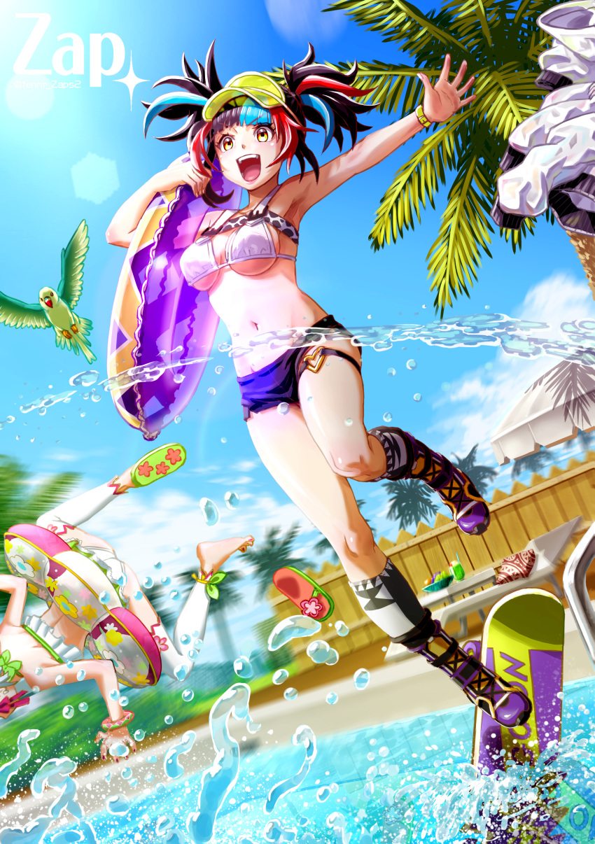 2girls :d absurdres artist_name bangs bikini black_hair black_shorts blue_hair blue_sky breasts fate/grand_order fate_(series) highres innertube kama_(fate) kama_(swimsuit_avenger)_(fate) looking_away multicolored_hair multiple_girls navel open_mouth palm_tree pool poolside redhead sei_shounagon_(fate) sei_shounagon_(swimsuit_berserker)_(fate) shorts sky smile swimsuit thigh_strap tree twintails visor_cap water white_bikini white_legwear yellow_eyes zap