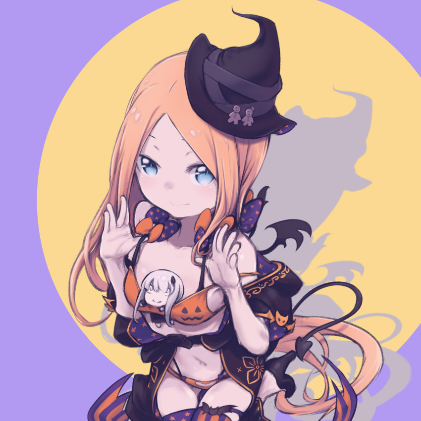 1girl abigail_williams_(fate) absurdres bangs bare_shoulders between_breasts bikini black_jacket blonde_hair blue_eyes breasts collarbone daisi_gi demon_tail demon_wings fate/grand_order fate_(series) forehead hat highres jacket lavinia_whateley_(fate) long_hair looking_at_viewer navel off_shoulder orange_bikini parted_bangs small_breasts smile stuffed_toy swimsuit tail thighs wings witch_hat