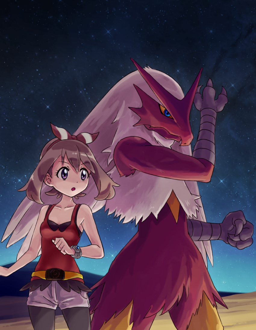 1girl :o bangs bike_shorts bike_shorts_under_shorts blaziken bow_hairband bracelet brown_hair collarbone commentary_request eyelashes hairband highres jewelry may_(pokemon) night nurutema outdoors pokemon pokemon_(creature) pokemon_(game) pokemon_oras red_hairband red_shirt shirt shorts sky sleeveless sleeveless_shirt standing star_(sky)