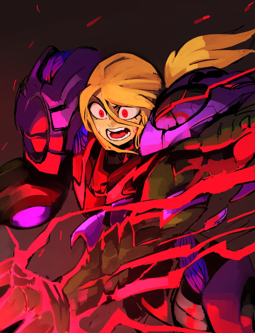 1girl 33dot absurdres angry arm_cannon aura blonde_hair glowing glowing_eyes glowing_hand gravity_suit highres metroid metroid_dread metroid_suit open_mouth ponytail red_eyes red_lightning samus_aran solo spoilers transforming_clothes upper_body veins weapon