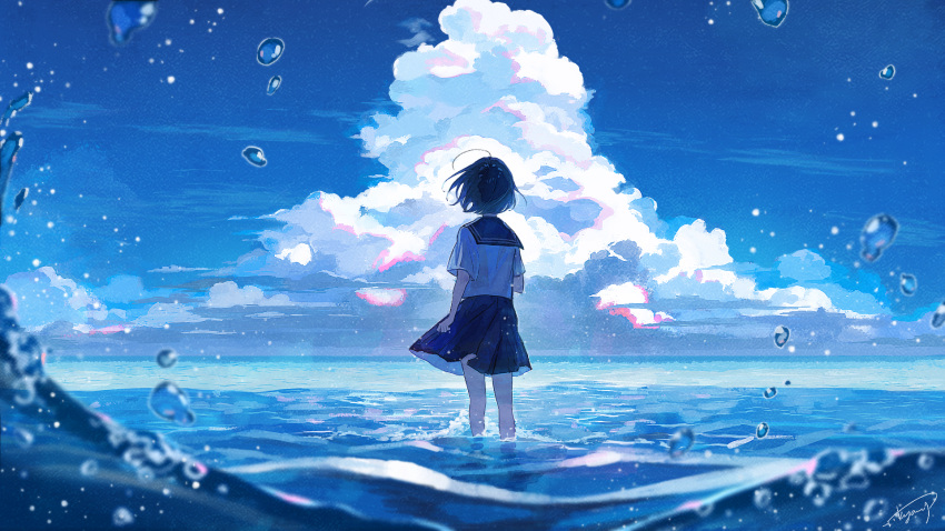 1girl ahoge aky_ami arm_at_side black_hair black_sailor_collar black_skirt clouds cloudy_sky commentary_request day facing_away feet_out_of_frame hand_up highres horizon ocean original outdoors sailor_collar scenery school_uniform serafuku shirt short_hair short_sleeves signature skirt sky solo standing wading water water_drop waves white_shirt wide_shot