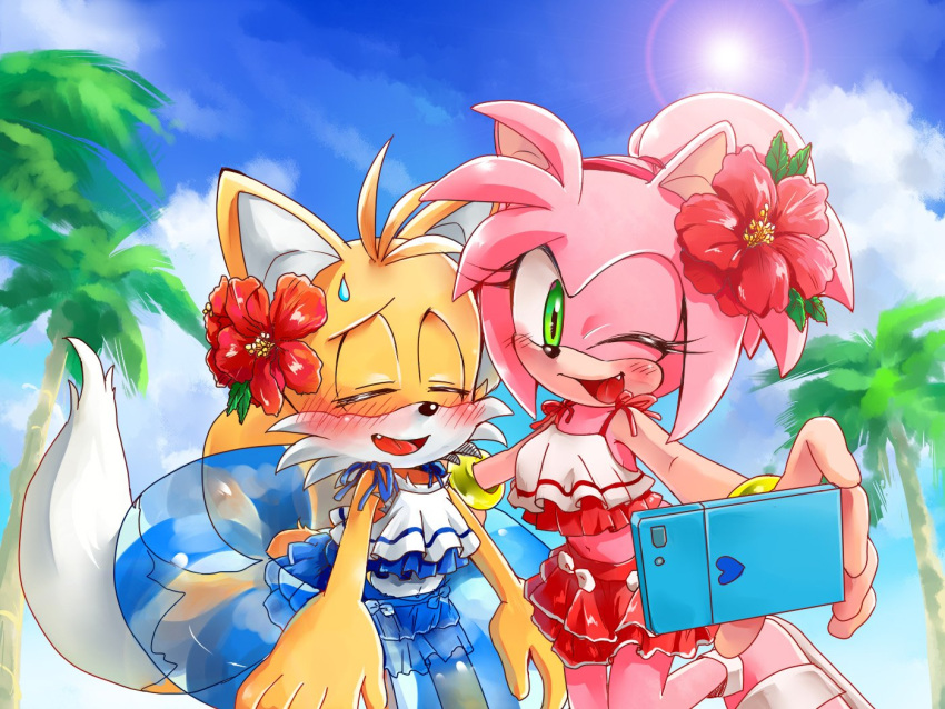 1boy 1girl ;d alternate_costume alternate_hairstyle amy_rose animal_ears animal_nose bare_shoulders bikini bikini_skirt blonde_hair blue_ribbon blue_sky blush bracelet breasts clouds cloudy_sky commentary_request day fang flower fox_boy fox_ears fox_tail frilled_bikini frills furry furry_female furry_male green_eyes hair_flower hair_ornament hairband hand_up happy heart hibiscus holding innertube jewelry lens_flare looking_at_phone looking_at_viewer medium_breasts midriff misuta710 multiple_tails navel one_eye_closed open_mouth outdoors palm_tree phone pink_hair red_flower red_hairband ribbon selfie shiny short_hair skirt sky sleeveless smile sonic_(series) sonic_cd sonic_the_hedgehog_2 standing standing_on_one_leg sun sunlight sweatdrop swimsuit tail tails_(sonic) tied_hair tongue tree