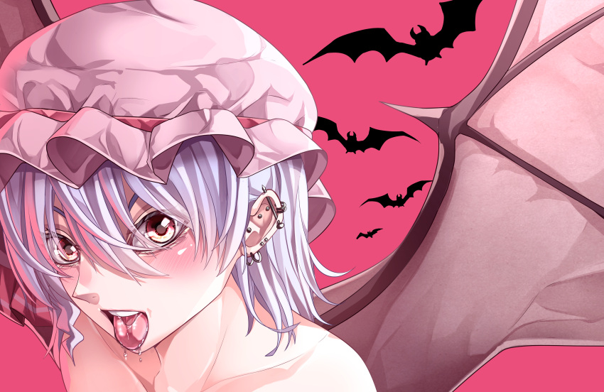 1girl absurdres bare_shoulders bat blush collarbone ear_piercing earrings hair_between_eyes hat hat_ribbon highres jewelry light_purple_hair looking_at_viewer maboroshi_mochi mob_cap no_shirt open_mouth piercing pink_background red_eyes red_ribbon remilia_scarlet ribbon saliva short_hair solo tongue tongue_out touhou upper_body white_headwear