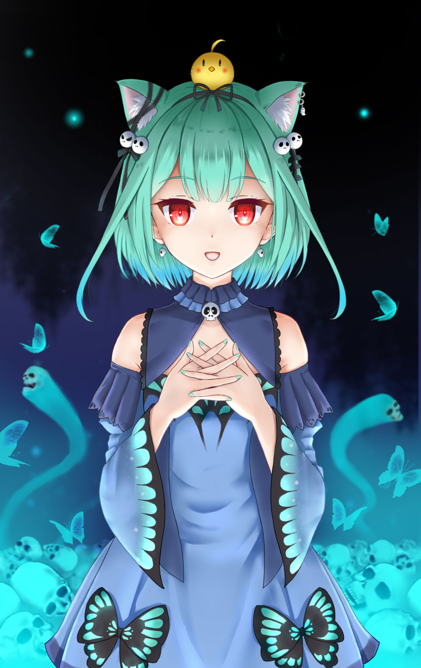 1girl :d ahoge animal animal_ear_fluff animal_ears bangs bare_shoulders bird blue_dress blue_sleeves bug butterfly cat_ears chick commentary_request detached_sleeves dress earrings eyebrows_visible_through_hair flipper green_hair green_nails hands_up highres hololive interlocked_fingers jewelry juliet_sleeves long_sleeves looking_at_viewer nail_polish open_mouth own_hands_together puffy_sleeves red_eyes skull skull_earrings sleeveless sleeveless_dress smile solo uruha_rushia virtual_youtuber wide_sleeves