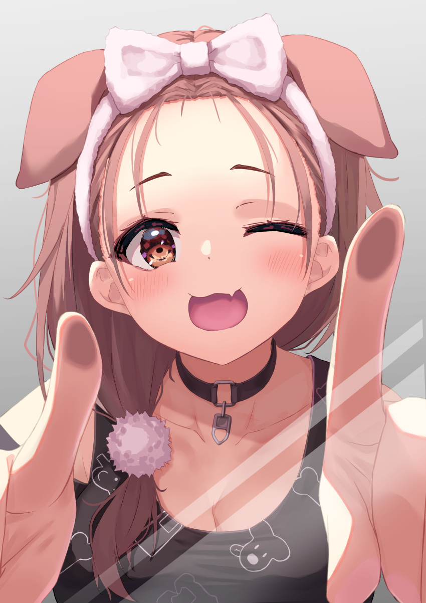 1girl ;d absurdres animal_ears black_choker black_shirt blush bow bow_hairband breasts brown_eyes brown_hair choker commentary_request dog_ears dog_girl extra_ears eyebrows_visible_through_hair fang foreshortening grey_background hair_bow hair_ornament hair_over_shoulder hairband hand_on_glass highres hololive index_fingers_raised inugami_korone large_breasts long_hair looking_at_viewer one_eye_closed open_mouth pom_pom_(clothes) pom_pom_hair_ornament print_shirt shirt simple_background skin_fang smile solo starkamisan upper_body virtual_youtuber