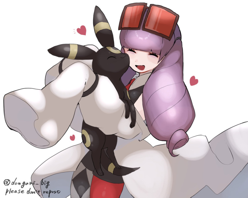 1girl :d asymmetrical_legwear bangs black_shirt black_shorts blunt_bangs closed_eyes coat collared_shirt commentary donguri_big drill_hair eyelashes eyewear_on_head heart highres holding holding_pokemon long_hair mismatched_legwear necktie off_shoulder open_mouth pantyhose pokemon pokemon_(creature) pokemon_(game) pokemon_masters_ex purple_hair rachel_(pokemon) red-tinted_eyewear red_neckwear shirt shorts sleeveless sleeveless_shirt smile sunglasses tinted_eyewear tongue twin_drills umbreon white_coat