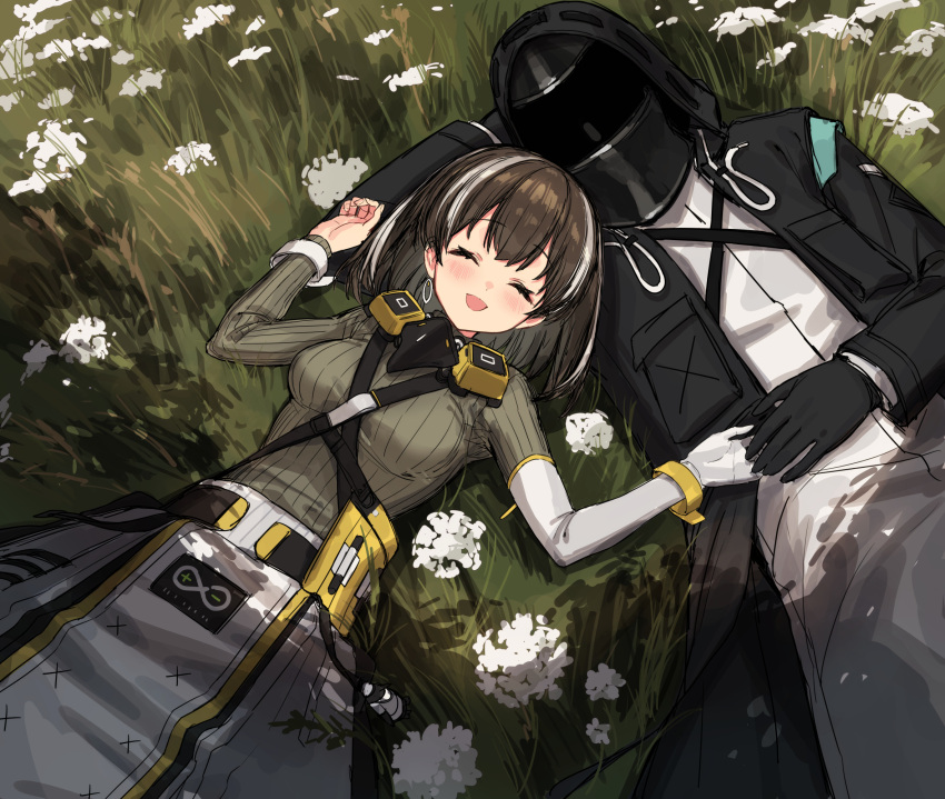 1girl 1other arknights bird_mask black_coat black_gloves blush breasts brown_hair closed_eyes clothes_around_waist coat commentary covered_face cowboy_shot day doctor_(arknights) earrings eyebrows_visible_through_hair flower from_above gloves grass grey_sweater happy highres holding_hands hood hood_up hooded_coat jewelry keychain lantern long_sleeves looking_at_viewer lying magallan_(arknights) mask mask_around_neck medium_breasts multicolored_hair on_back open_mouth outdoors rhine_lab_logo ribbed_sweater short_hair sigm@ silver_hair single_earring single_glove smile strap streaked_hair sweater symbol-only_commentary the_emperor_(arknights) turtleneck turtleneck_sweater two-tone_hair white_gloves wristband