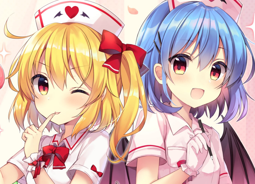 2girls :d alternate_costume bangs bat_wings blonde_hair blush bow commentary_request cross crystal eyebrows_visible_through_hair fang fingernails flandre_scarlet glove_bow gloves hair_bow hat looking_at_viewer multiple_girls nurse nurse_cap one_eye_closed open_mouth pen petals red_bow red_eyes remilia_scarlet ruhika short_hair short_sleeves siblings side_ponytail sisters smile sparkle standing tongue tongue_out touhou upper_body white_gloves wing_collar wings wrist_cuffs