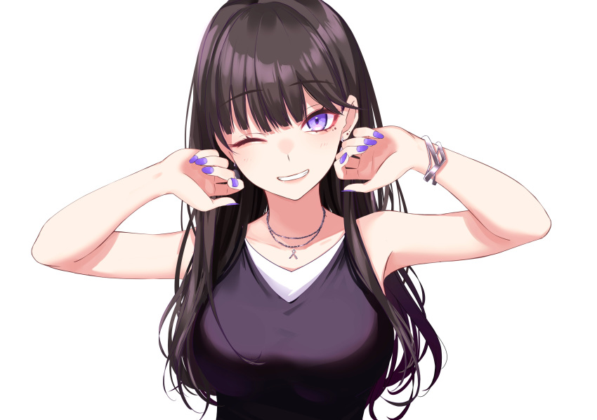 1girl :d absurdres bangs bare_shoulders black_shirt blunt_bangs blush breasts brown_hair closed_mouth collarbone commentary_request earrings eyebrows_visible_through_hair fingernails hands_up highres ichiki_1 jewelry large_breasts long_fingernails long_hair looking_at_viewer mole mole_under_eye nail_polish necklace open_mouth original portrait purple_nails shirt simple_background smile solo stud_earrings teeth upper_teeth violet_eyes white_background white_shirt