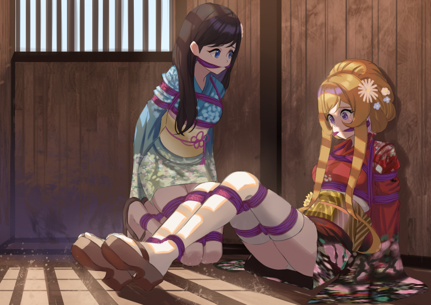 absurdres bdsm black_hair blonde_hair blue_eyes bondage bound bound_together cailin020 gag gagged geta highres japanese_clothes kimono long_hair multiple_girls original restrained rope tabi tied_up_(nonsexual) violet_eyes white_legwear wooden_floor wooden_wall zouri
