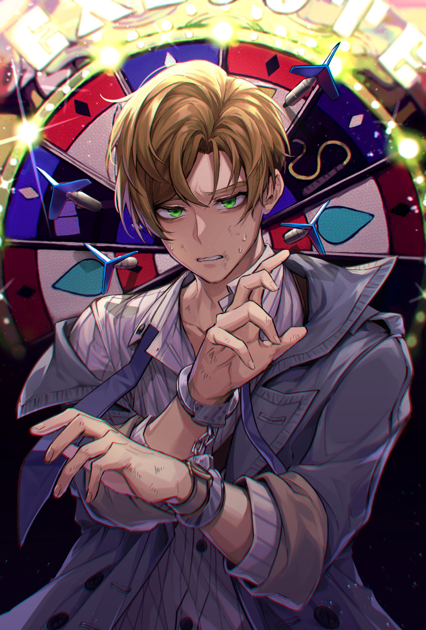 1boy absurdres bangs black_background blonde_hair blush bruise bruise_on_face collarbone commentary_request cuffs darts dress_shirt green_eyes grey_jacket grey_shirt handcuffs hands_up highres injury jacket light long_sleeves male_focus matsuno_chifuyu nanin parted_lips shirt short_hair solo sparkle sweat teeth tokyo_revengers