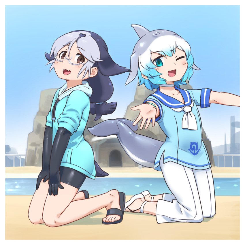 0x0082 2boys bike_shorts black_footwear black_gloves black_hair black_shorts blowhole blue_eyes blue_hair blue_neckwear blue_shirt blue_sweater blush brown_eyes california_sea_lion_(kemono_friends) choker common_bottlenose_dolphin_(kemono_friends) dolphin_tail dorsal_fin drawstring elbow_gloves eyebrows_visible_through_hair flippers genderswap genderswap_(ftm) glasses gloves grey_hair highres hood hood_down kemono_friends kneeling long_hair long_sleeves multicolored_hair multiple_boys neckerchief one_eye_closed pants sailor_collar sailor_shirt sandals semi-rimless_eyewear shirt short_hair shorts sweater tail white_footwear white_hair white_neckwear white_pants