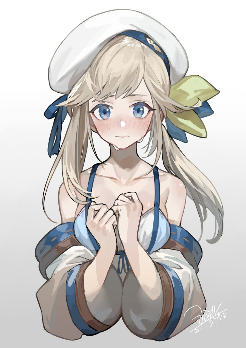 1girl beret blonde_hair blue_eyes blush cropped_torso cucouroux_(granblue_fantasy) dated gradient gradient_background granblue_fantasy hat highres off_shoulder seyana signature twintails