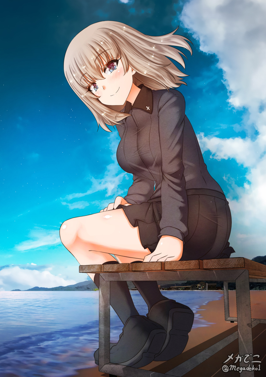 1girl aquaegg ass black_skirt blue_eyes blush breasts closed_mouth eyebrows_visible_through_hair girls_und_panzer highres itsumi_erika kuromorimine_school_uniform large_breasts looking_at_viewer miniskirt ocean outdoors pleated_skirt school_uniform shiny shiny_hair shiny_skin sitting skirt smile solo white_hair