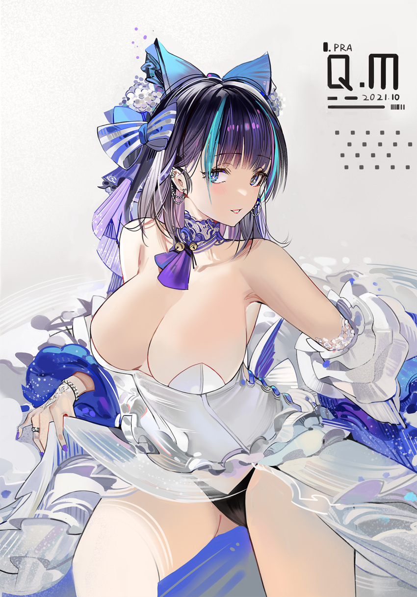 1girl azur_lane black_hair black_panties blue_eyes breasts cheshire_(azur_lane) clothes_lift collared_shirt dress dress_lift hair_ornament hair_ribbon highres kneeling large_breasts long_hair looking_at_viewer panties panty_peek plumw pose purple_hair ribbon seductive_smile shirt smile thighs underwear