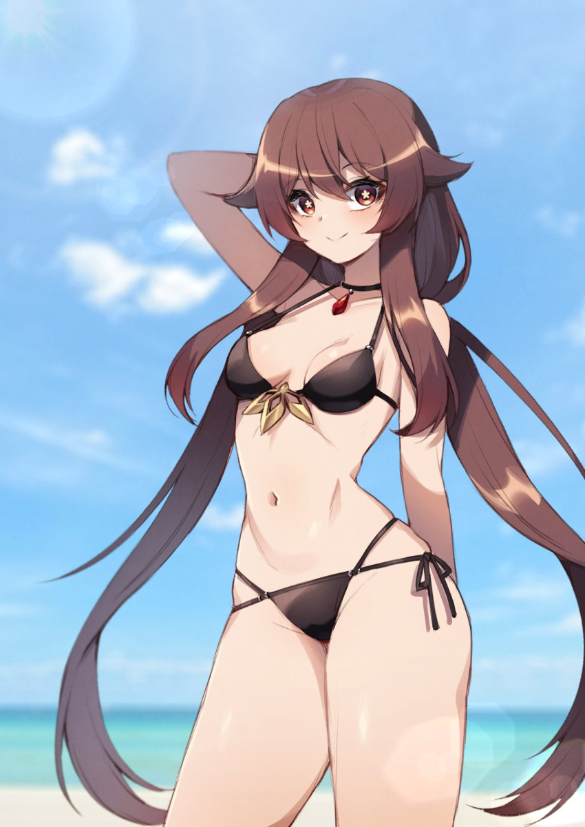 1girl alternate_hairstyle arm_up bare_arms bare_shoulders bikini black_bikini black_choker breasts brown_hair choker cowboy_shot day genshin_impact halterneck highres hu_tao_(genshin_impact) long_hair looking_at_viewer low_twintails multi-strapped_bikini navel red_eyes side-tie_bikini small_breasts smile solo star-shaped_pupils star_(symbol) stomach strap_gap string_bikini swimsuit symbol-shaped_pupils thighs twintails very_long_hair whcjddbrhk22