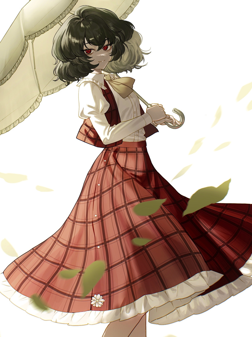 1girl absurdres ascot bangs buttons collared_shirt commentary_request frilled_shirt_collar frilled_skirt frills highres holding holding_umbrella juliet_sleeves kazami_yuuka long_skirt long_sleeves looking_at_viewer mo_(mokatampe) parasol petals plaid plaid_skirt plaid_vest puffy_sleeves red_eyes red_skirt red_vest shirt short_hair simple_background skirt smile solo standing touhou umbrella vest white_background white_shirt wind wing_collar yellow_neckwear