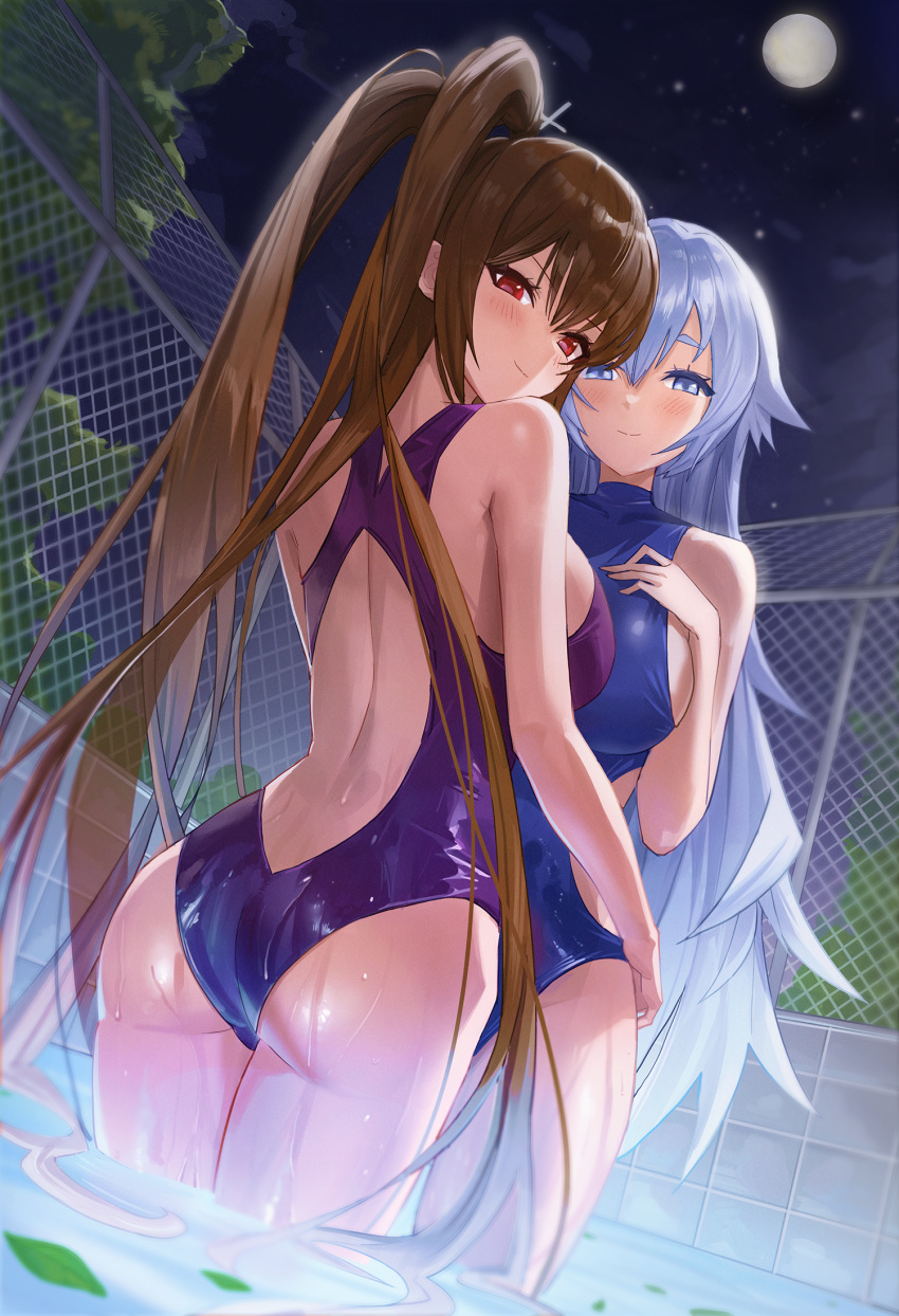 2girls amebi ass back back_cutout bare_arms bare_shoulders blue_eyes blue_swimsuit breasts brown_hair chain-link_fence clothing_cutout commission competition_swimsuit fence from_behind full_moon hand_on_own_chest highres large_breasts long_hair looking_at_viewer looking_back moon multiple_girls night one-piece_swimsuit original outdoors pool purple_swimsuit red_eyes smile standing swimsuit twintails very_long_hair wading water wet white_hair