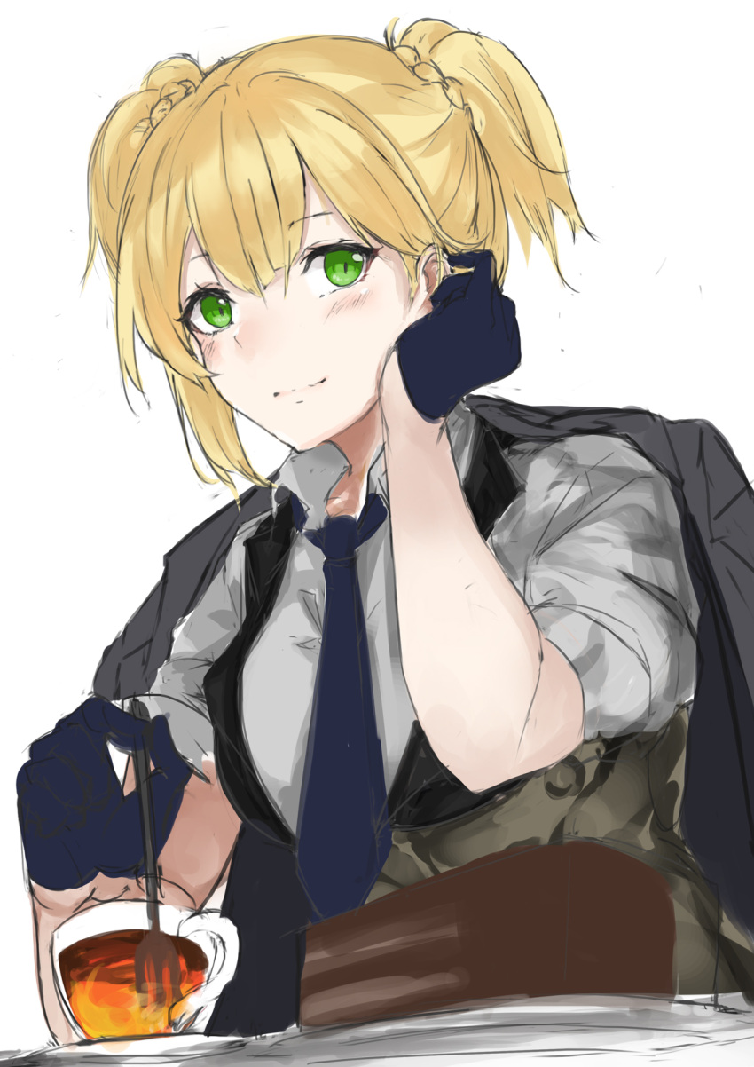 1girl adjusting_hair blonde_hair cake cake_slice collared_shirt commentary_request cup food girls_frontline gloves green_eyes half_gloves highres jacket jacket_on_shoulders looking_at_viewer marche_mk14 necktie shirt short_hair simple_background sleeves_rolled_up smile solo tea teacup upper_body vest welrod_mkii_(girls'_frontline) white_background white_shirt