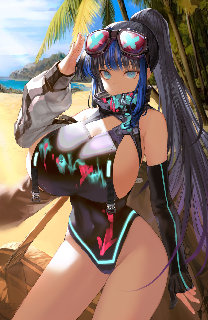 1girl absurdres bare_shoulders beach black_hair black_swimsuit blue_eyes blue_hair blue_sky breasts cleavage_cutout clothing_cutout commission covered_navel detached_sleeves elbow_gloves expressionless eyewear_on_head fern gloves goggles goggles_on_head high_collar high_ponytail highleg highleg_swimsuit highres huge_breasts impossible_clothes impossible_swimsuit kanashi_kumo mole mole_under_eye multicolored_hair one-piece_swimsuit original outdoors partially_fingerless_gloves ponytail sand second-party_source shading_eyes sideboob sidelocks single_detached_sleeve single_glove sky strap streaked_hair swimsuit thighs two-tone_hair water