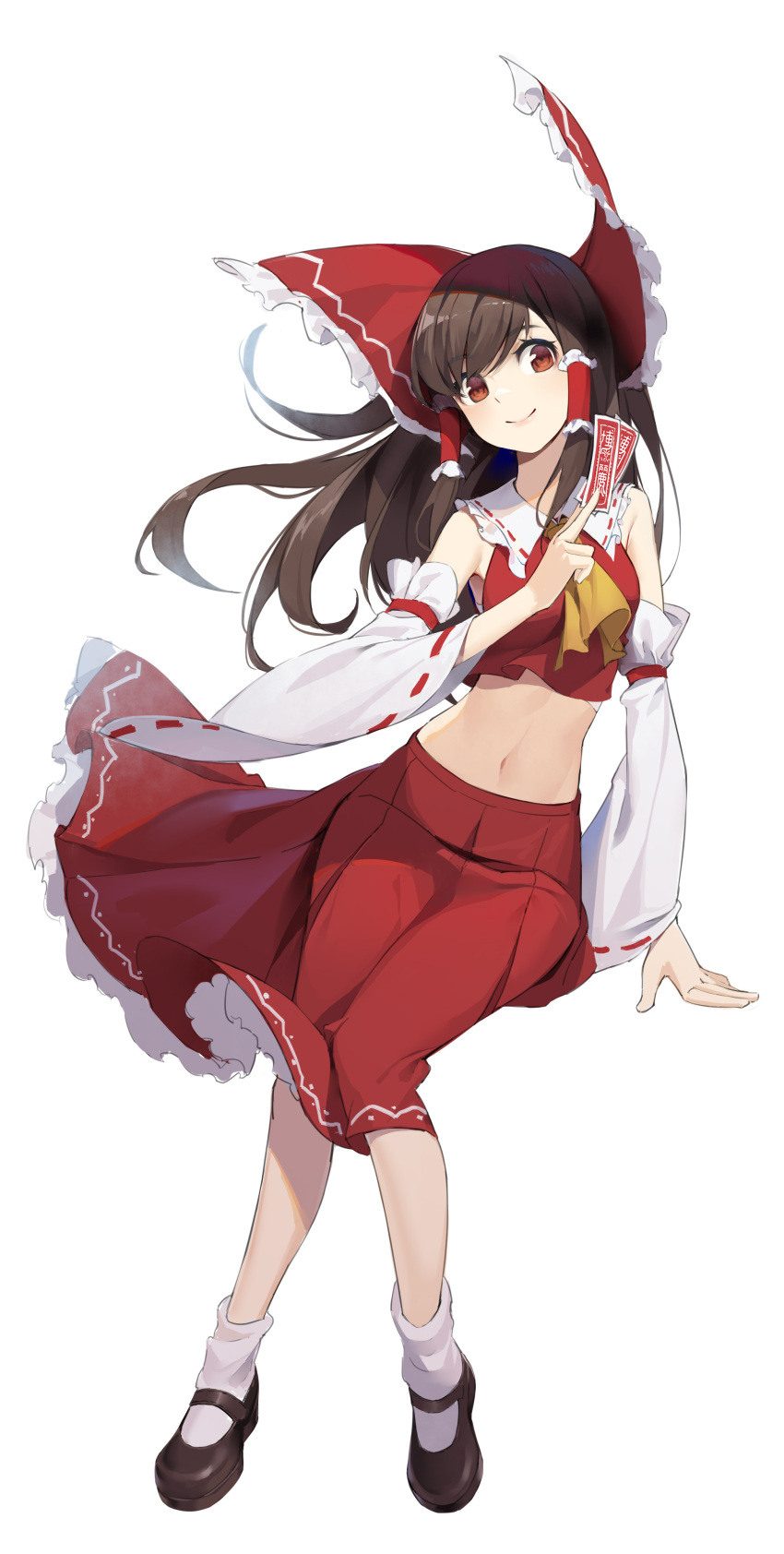 1girl absurdres ascot bangs bare_shoulders bow breasts brown_footwear brown_hair closed_mouth crop_top detached_sleeves eyebrows_visible_through_hair frilled_bow frilled_shirt_collar frills full_body hair_bow hair_tubes hakurei_reimu highres holding large_bow long_hair long_sleeves looking_at_viewer mary_janes medium_breasts medium_skirt navel ofuda pekakiu red_bow red_eyes red_skirt ribbon-trimmed_sleeves ribbon_trim shoes sidelocks simple_background skirt smile socks solo stomach swept_bangs touhou white_background white_legwear wide_sleeves yellow_neckwear