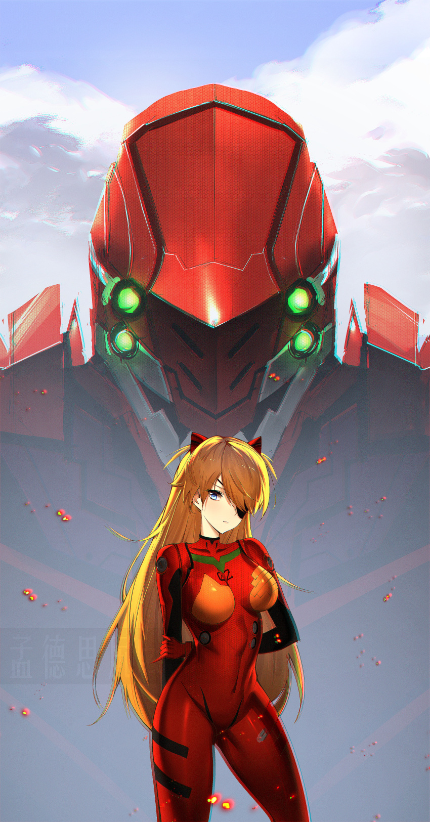 1girl absurdres arms_behind_back bangs blonde_hair blue_eyes bodysuit bow chinese_text covered_navel expressionless eyepatch glowing glowing_eyes hair_bow hair_ornament highres izaac long_hair looking_at_viewer mecha neon_genesis_evangelion parted_bangs pilot_suit plugsuit red_bodysuit solo souryuu_asuka_langley sparks thighs