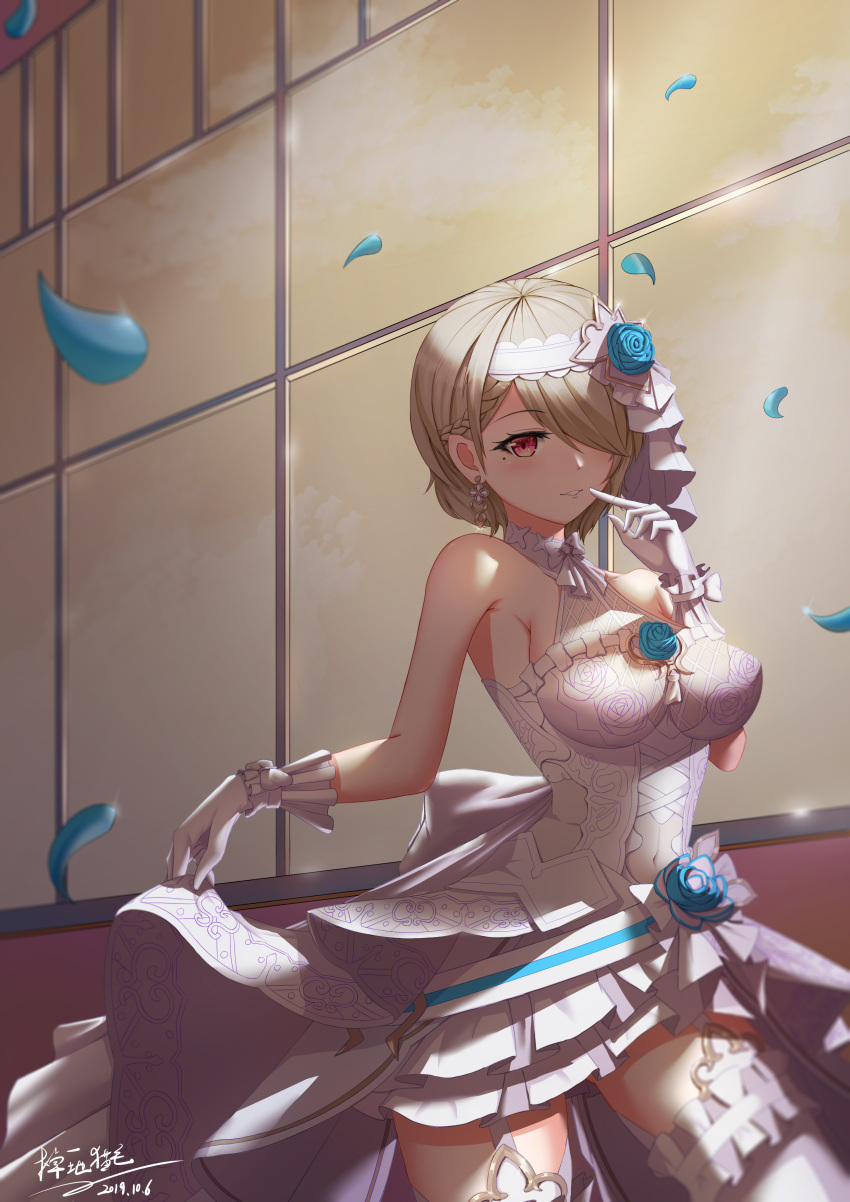 1girl absurdres bangs blue_flower blue_rose bride brown_hair diaoyidimaomao dress earrings flower gloves grin hair_over_one_eye highres holding holding_clothes holding_skirt honkai_(series) honkai_impact_3rd index_finger_raised jewelry looking_at_viewer mole mole_under_eye open_mouth petals rita_rossweisse rita_rossweisse_(artemis) rose short_hair skirt sleeveless sleeveless_dress smile solo teeth thigh-highs violet_eyes wedding_dress white_dress white_gloves white_legwear