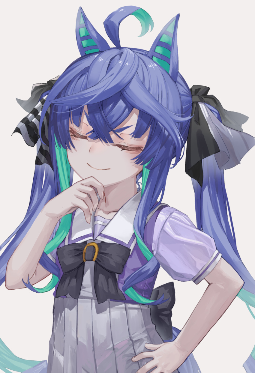 1girl ahoge animal_ears aqua_hair bangs black_bow blue_hair bow bowtie closed_eyes closed_mouth collarbone commentary crossed_bangs hair_ribbon hand_on_own_chin hand_up high-waist_skirt highres horse_ears horse_girl horse_tail long_hair metsurin multicolored_hair pleated_skirt purple_shirt purple_vest ribbon sailor_collar shirt short_sleeves simple_background skirt smile solo standing streaked_hair tail twin_turbo_(umamusume) twintails umamusume upper_body v-shaped_eyebrows vest white_background white_sailor_collar white_skirt wrinkled_fabric