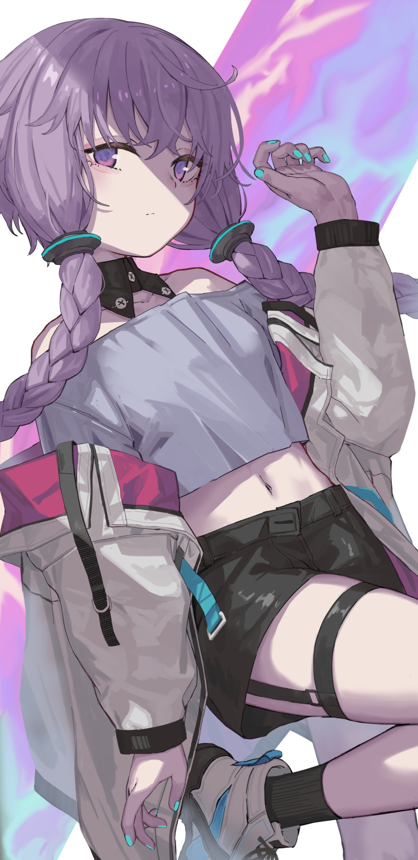 1girl absurdres aqua_nails bangs black_legwear black_shorts braid closed_mouth commentary cowlick crop_top dutch_angle feet_out_of_frame hand_up highres jacket jacket_partially_removed leg_up long_sleeves looking_at_viewer messy_hair metsurin midriff navel off-shoulder_shirt off_shoulder open_fly purple_hair shirt shoes shorts sleeve_cuffs sneakers socks solo stomach thigh_strap twin_braids unbuttoned violet_eyes voiceroid white_footwear white_jacket white_shirt yuzuki_yukari