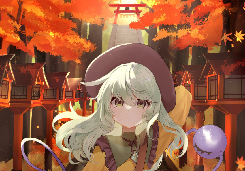 1girl arm_behind_head arm_up autumn autumn_leaves bangs blouse bow bowtie brown_bow brown_neckwear collar collared_blouse crystal eyebrows_visible_through_hair frills green_eyes green_hair hair_between_eyes hand_up highres jewelry komeiji_koishi leaf light long_sleeves looking_at_viewer medium_hair open_mouth shadow solo stairs sunlight third_eye torii touhou tree tsukikusa wide_sleeves yellow_blouse