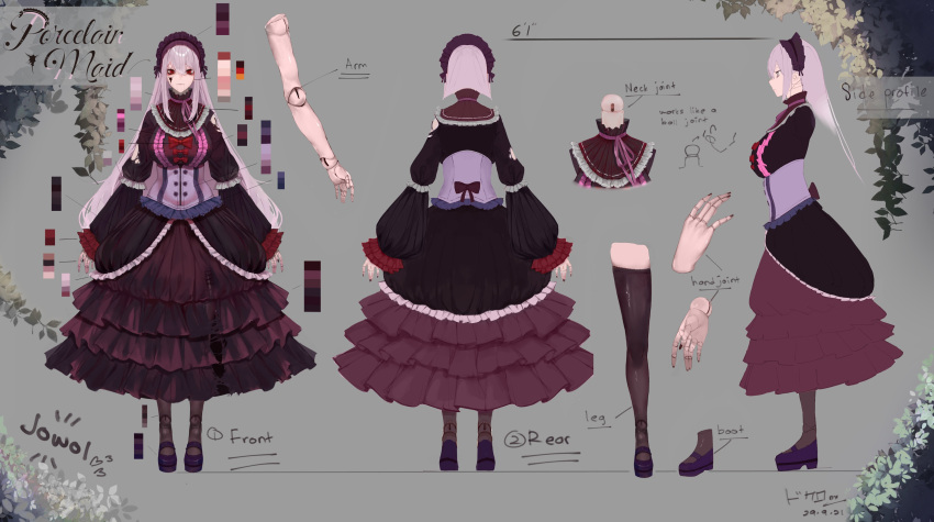 1girl absurdres artist_name black_dress breasts character_sheet color_guide corset cracked_skin dokuro_deluxe doll_joints dress english_commentary grey_hair hairband highres indie_virtual_youtuber joints jowol large_breasts lolita_hairband long_hair multiple_views official_art red_eyes smile torn_clothes torn_dress virtual_youtuber