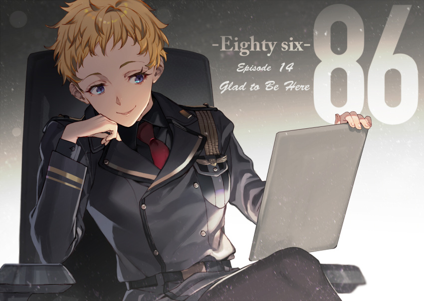 1girl 86_-eightysix- blonde_hair blue_eyes chair closed_mouth coat copyright_name grethe_wenzel grey_coat head_rest long_sleeves military military_uniform necktie office_chair red_neckwear shirabi short_hair sitting smile solo uniform