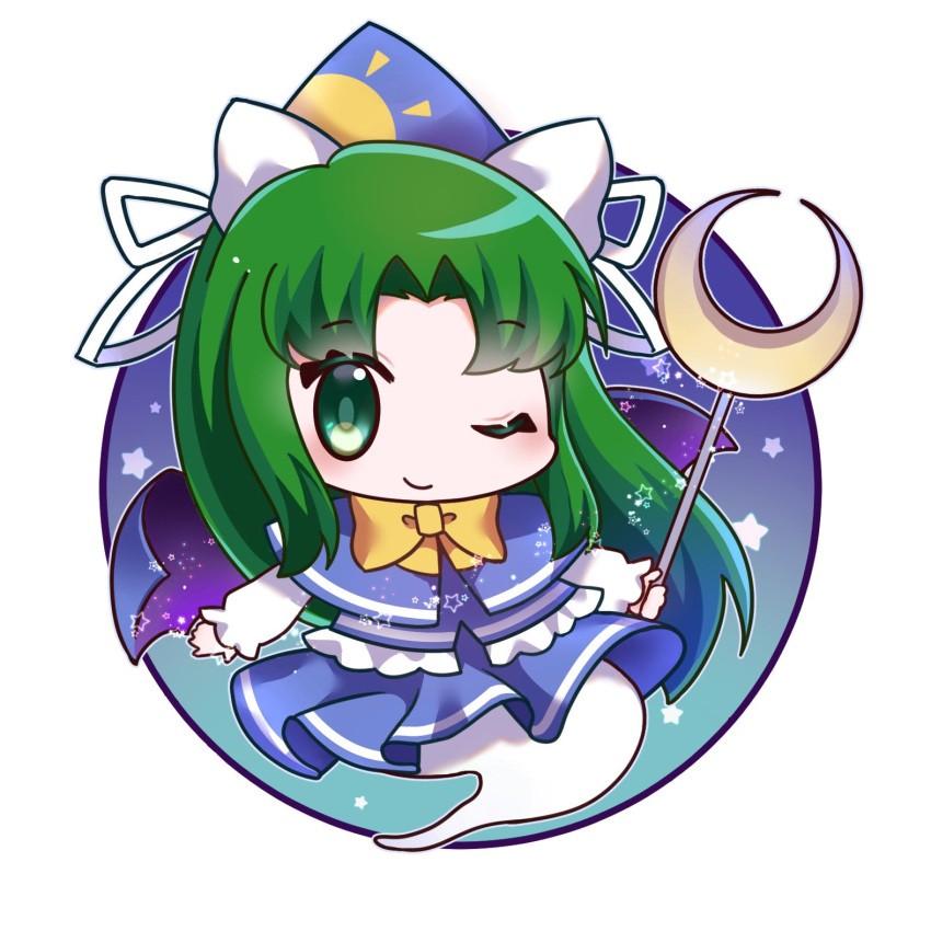 1girl bangs blue_capelet blue_sky blue_vest bow capelet chibi crescent frilled_vest green_eyes green_hair hat highres long_hair milll_77 mima_(touhou) one_eye_closed parted_bangs shirt sky staff sun_print touhou touhou_(pc-98) very_long_hair vest white_shirt wizard_hat yellow_bow yellow_neckwear