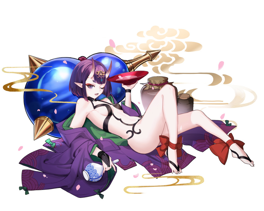 absurdres ankle_bow ankle_ribbon ass barefoot black_eyes black_hair bow breasts bridal_gauntlets cup fate/grand_order fate_(series) full_body gourd headpiece highres horns knees_up lying on_back oni oni_horns petals pointy_ears ribbon sakazuki shuten_douji_(fate) small_breasts thick_eyebrows toes white_background whitekuma