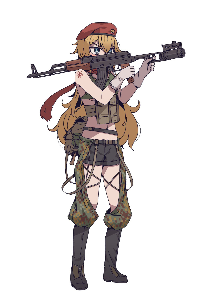 1girl aiming ak-47 ak-47_(girls'_frontline) assault_rifle beret black_shorts blonde_hair blue_eyes boots bra commentary commission english_commentary full_body girls_frontline gloves green_bra grenade_launcher gun hair_between_eyes hammer_and_sickle hammer_and_sickle_tattoo hat highres holding kalashnikov_rifle kare knee_boots load_bearing_equipment long_hair navel red_headwear red_scarf rifle scarf shorts simple_background solo star_(symbol) tattoo underwear weapon white_background white_gloves
