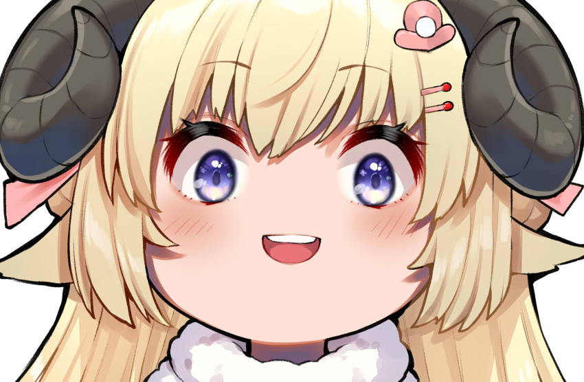 1girl :d blonde_hair blush curled_horns hair_ornament hairclip highres hololive horns looking_at_viewer mikan_(chipstar182) open_mouth portrait sheep_horns simple_background smile solo teeth tsunomaki_watame upper_teeth violet_eyes white_background wide-eyed